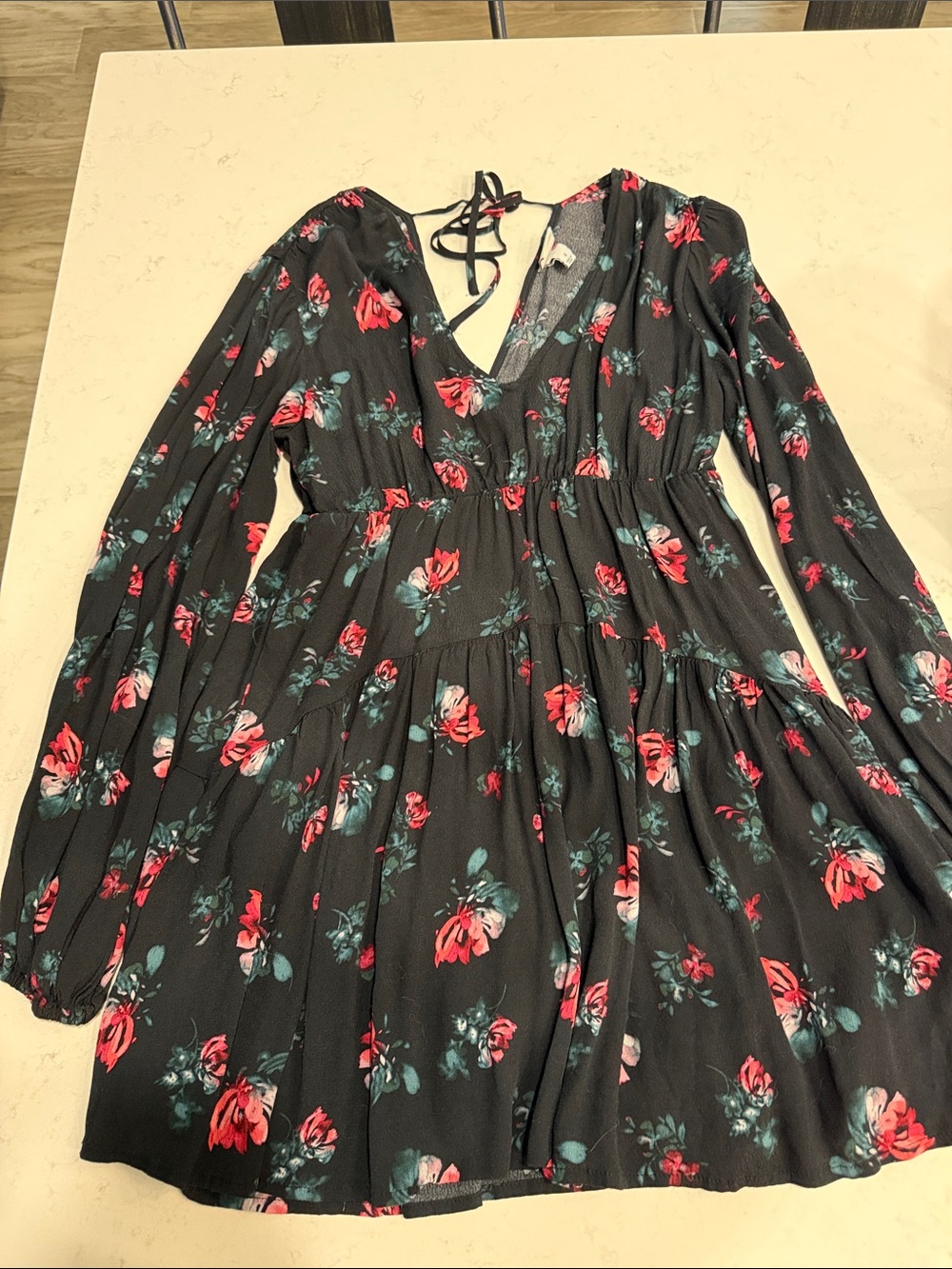 a new day Black Long-Sleeve Floral Tiered Dress with Pink Accents